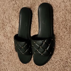 Black slides with quilted pattern and gold beads